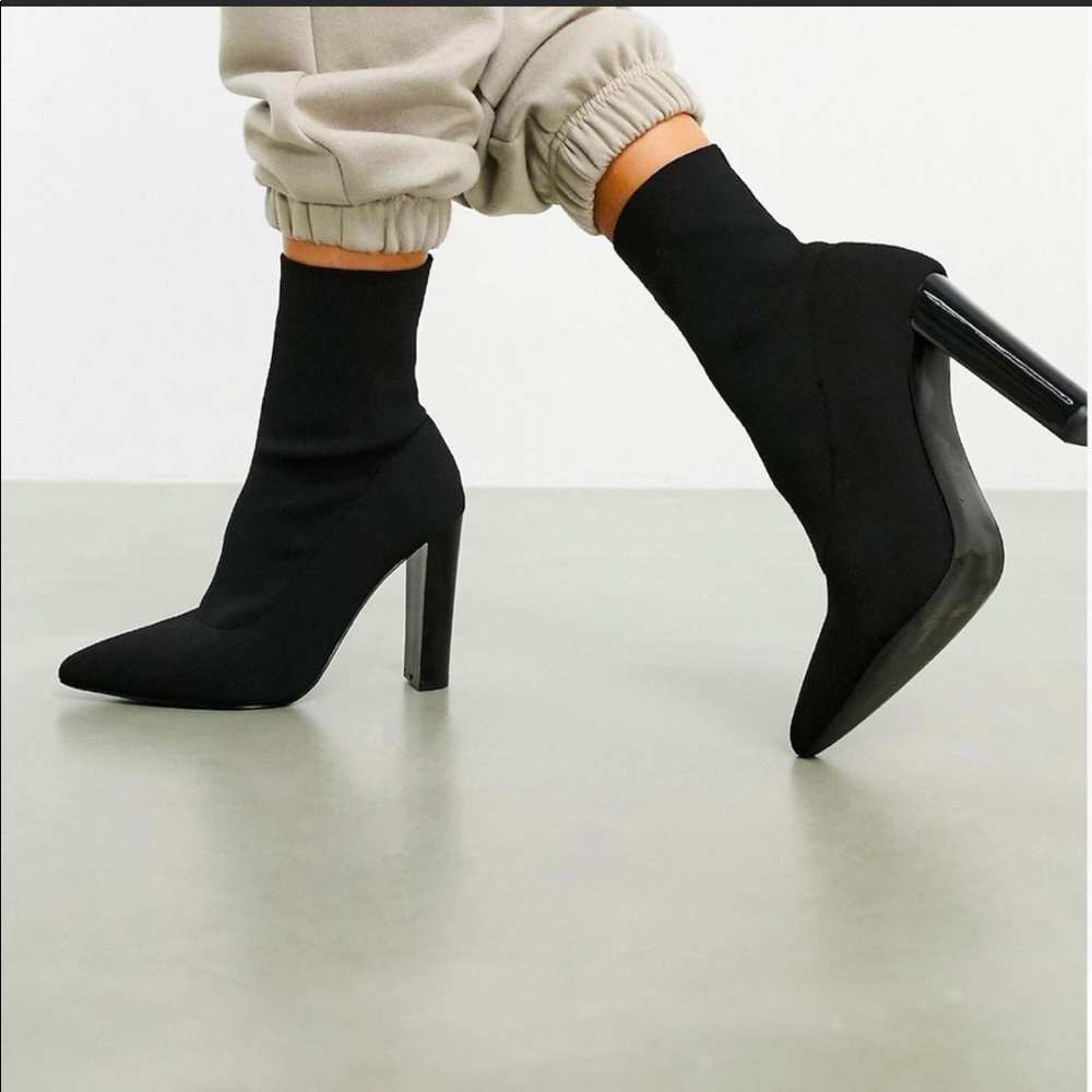 ASOS Design Enhance Block Heel Sock Boot in Black Knit